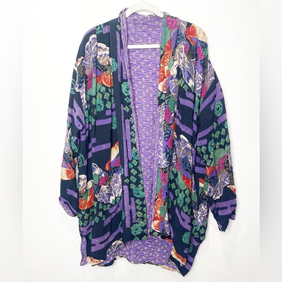 M Polo Tsuru Sweaters - VTG M Polo Tsuru Rayon Kimono Women’s One Size Purple Black Floral Reversible